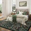 8x10 Green Floral Washable Area Rug for Living Room, Non-Slip Soft Vintage Boho Carpet, Botanical Forest Green Low Pile Rugs for Bedroom, Dinning Room, Dorm, Nursery, Black and Green