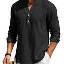 TAFLE Mens Linen Henley Shirts Casual Long Sleeve Hippie Yoga Tops Lightweight Summer Beach T-Shirt Black (Black, L)