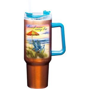 Spoontiques Large Beach Stainless Steel Travel Mug with Handle - 40 oz Capacity - Double Wall Stainless Steel with Sliding Lock Travel Lid - 12.5 Tall