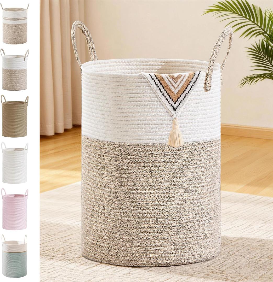 72L Large Tall Cotton Rope Laundry Basket with Handles, Brown | Storage Bin for Clothes, Blankets & Kids Toys, Boho Woven Hamper, Portable Organizer for Nursery, Bedroom, Living Room