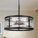 CNRATYE 20" Farmhouse Round Black Chandelier, 5-Light Rustic Dining Room Light Fixtures Over Table, Industrial Glass Chandeliers for Dining Kitchen Living Room, Clear Waterglass Drum Shade