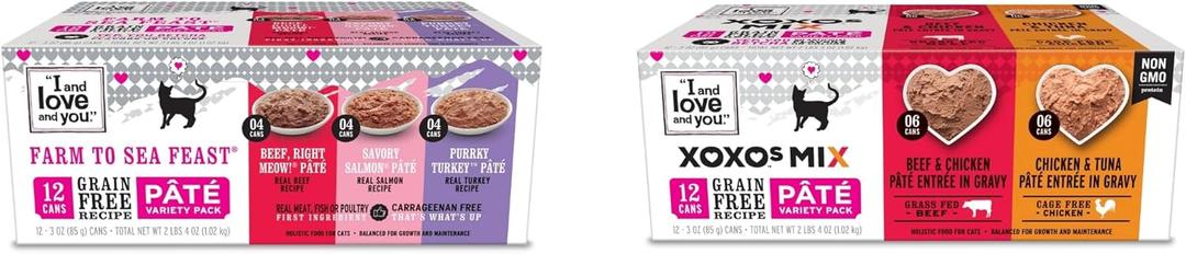 I AND LOVE AND YOU Wet Cat Bundle with Naked Essential Farm to Sea Variety Pack + XOXOsBeef Variety Pack BB 07/25/28 (4 Pack, 48Ct)