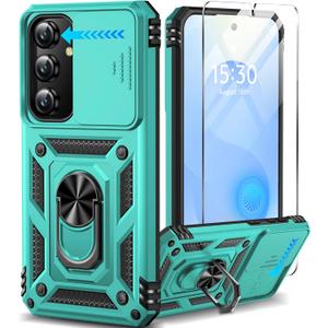 Taisairu for Samsung Galaxy S24/Samsung Galaxy S25 Case with Screen Protector & Slide Camera Lens Cover, Built-in Ring Stand Protective Phone Case for Samsung S25 Case/Samsung S24 Case (Mint Green)