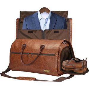 STOVER Garment Travel Duffle Bag, Large 2-in-1 Convertible Carry-on Luggage for Men & Women- Hanging Suits, Dresses & Clothes + Shoe Compartment- Weekender Tote Combo Duffel (Brown Leatherette)