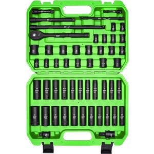 SUNHZMCKP 3/8" Drive Impact Socket Set, 52 Piece Standard SAE (5/16-3/4 inch) and Metric (8-22mm) Shallow & Deep 6 Point Sockets, 3/8-In Ratchet Handle, Extension Bars, Adapters, Universal Joint, CR-V