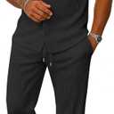 UOUA Mens Summer 2 Piece Set Casual Outfits Button Short Sleeve Shirt & Loose Pants Textured Striped Tracksuit Walking Suits (Classicblack, Large)
