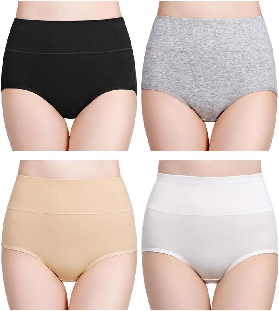 wirarpa Women's Cotton Underwear High Waisted Ladies Panties Full Coverage Briefs 4 Pack (Regular & Plus Size) (Black/White/Gray/Beige - Set 7)