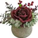 Artificial Flowers Kit with Pot, Combination of Fake Silk Burgundy Red Roses and Greenery,Small Plant Potted Decor for Offices,Bookshelf,Bedroom, Living Room,Party,Wedding Decorations
