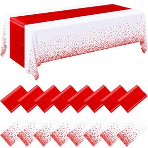 Tudomro 16 Pcs White and Red Disposable Plastic Tablecloths and Satin Table Runner Set 54x108 Inch Tablecloth 12x108 Inch Table Runners for New Year Wedding Birthday Baby Shower Graduation