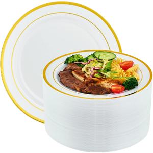 Vplus 100 Piece 10 Inch Gold Plastic Plates Disposable, Heavy Duty White Elegant Durable Dinner Plastic Party Plates with Gold Rim Perfect for Party Christmas