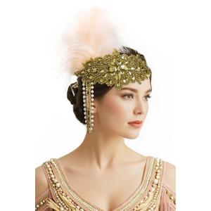 BABEYOND Womens 1920s Headband Flapper Feather Headpiece with Chain Roaring 20s Gatsby Themed Party Hair Accessory (Champagne Gold)