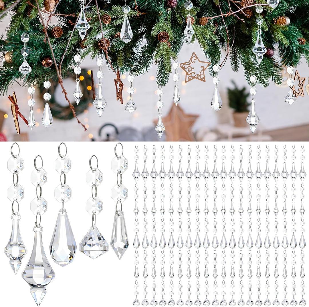 JolliLudo 100 Pack Acrylic Hanging Crystals Garland Ornaments Centerpieces Home Decor Clear Plastic Icicle Prism Drop Pendant Crystal Beads for Valentine's Day Wedding Party Decor
