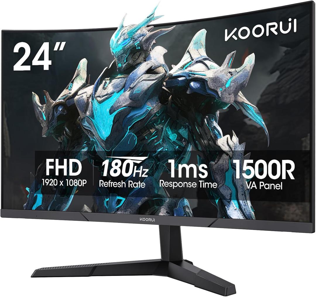 KOORUI 24 inch Curved Gaming Monitor 180Hz FHD 1080P Computer Monitor, 1ms 1500R Display, Adaptive Sync, FreeSync Premium, HDMI 2.0X2 & DP 1.2, VESA, Tilt, 24E6CA