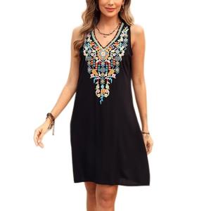 AK Embroidered Dress for Women Sleeveless Mexican Summer Dresses Traditional V Neck Novelty Ethnic Boho Dress Size S