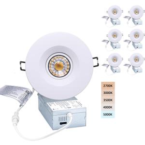 POPANU Premium Canless Recessed Gimbal Downlight Rotatable-Spotlight 5 CCT 4 Inch Eyeball Ceilling Potlight, Dimmable Lights Fixture with Junction Box, 8W, White Round Trim, with Baffle, 6P