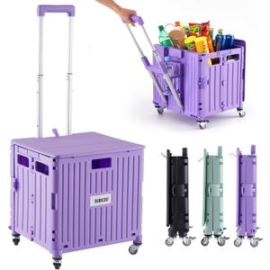Folding Utility Cart Portable Rolling Crate Handcart Shopping Trolley Collapsible Tool Box, with Lid, Basket on 4 Rotate Wheels, for Grocery, Shopping, Office, Storage, Teacher (Purple)