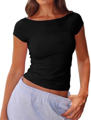Beumissy Women's Boat Neck Short Sleeve T-Shirts Y2K Cute Going Out Tops Summer Baby Tees, XXS