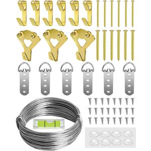 Heavy Duty Picture Hanging Kit, Wall Hanging Kit Support 10-100lbs with Picture Hanging Wire, D-Ring, Screws, Hanging Hooks,Level. 40 Feet (12M) Picture Hanging Wire Hangers