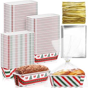 Teenyyou 50 Sets Christmas Paper Loaf Pan 6.3 x 2.2 x 2.2 Inch Mini Disposable Bread Pans with Clear Plastic Bags and Ties Rectangle Baking Mold Loaf Containers for Bread Cake Baking (Stripe Style)