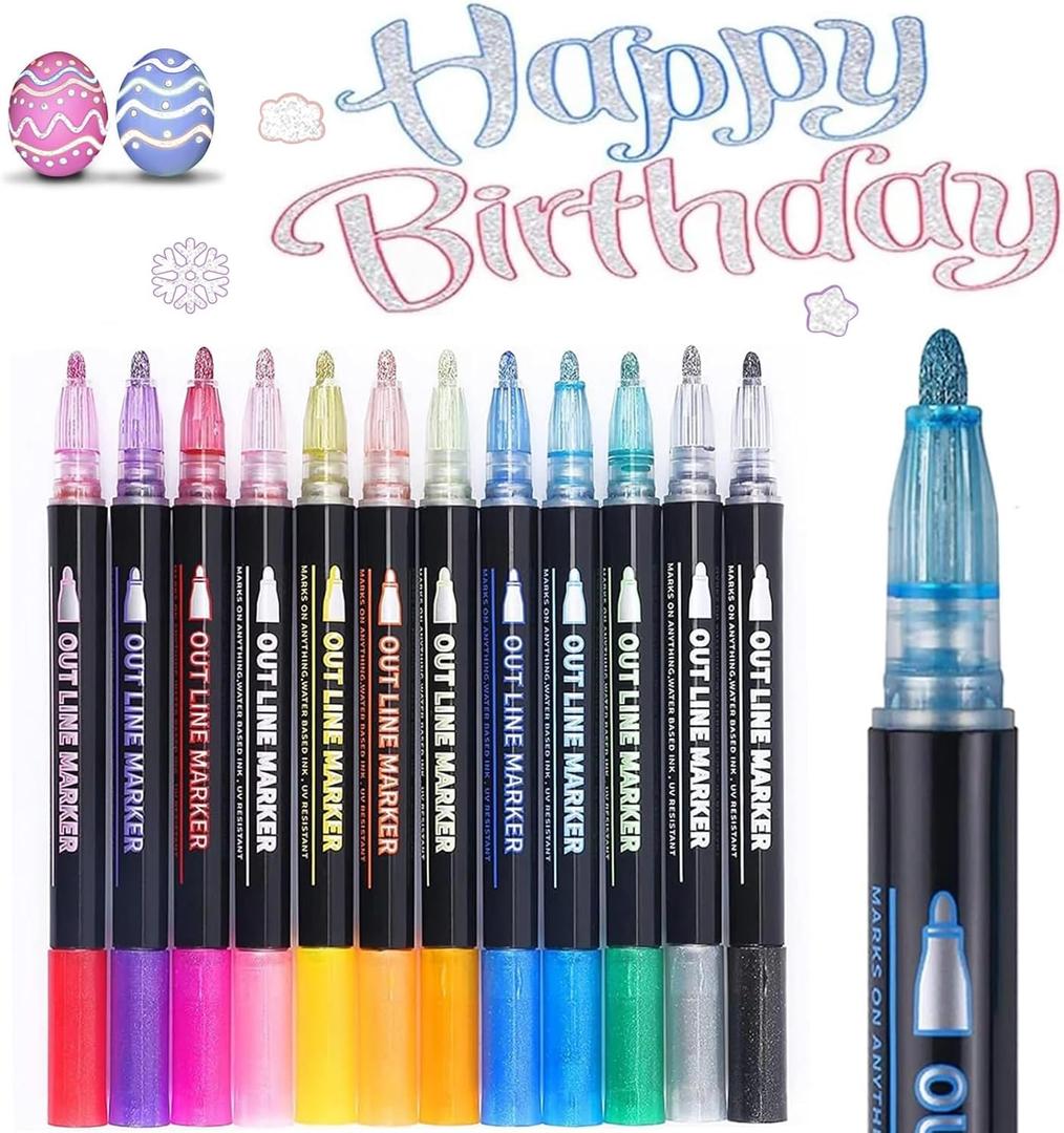 Glitter Markers 12 Colors Double Line Outline Markers, For Doodling,Painting,Christmas Cards, DIY Craft Projects Art Supplies For Girls Kids Ages 8-12 Glitter Pens For Adults