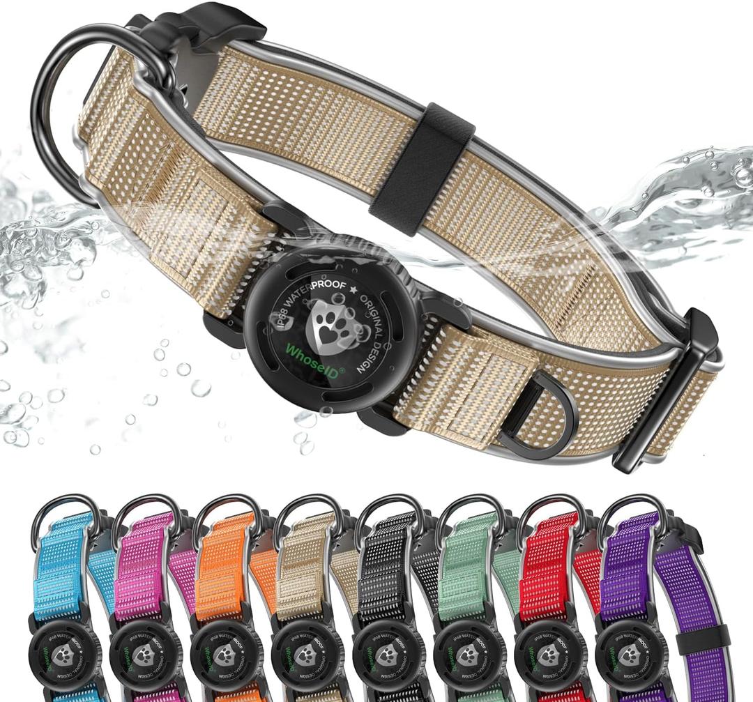 WhoseID AirTag Dog Collar, Waterproof Reflective Dog Collar with AirTag Holder and Magnetic Buckle, Heavy Duty Pet Collar for Small Medium Large Dogs, Gold