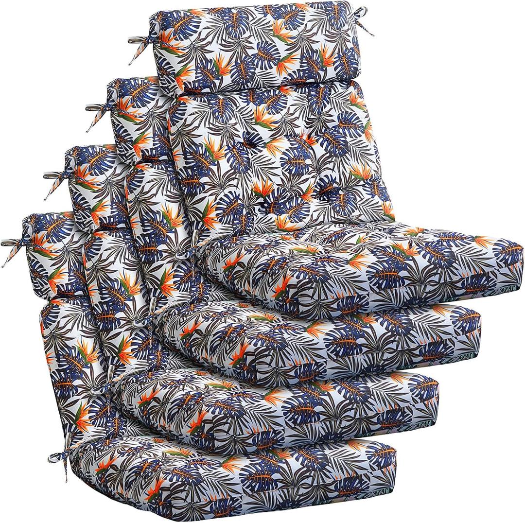 Barydat 4 Pcs Tufted High Back Chair Cushion Indoor Outdoor Seat and Back Cushions Palm Leaves Tropical Plants Lawn Rocking Chair Pads with Ties for Adirondack Patio Garden(Brown Blue)