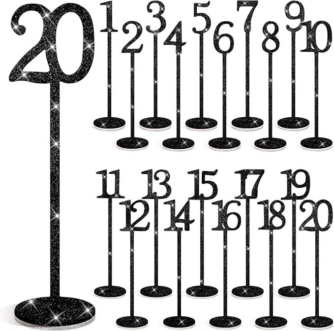 Glitter Table Numbers 1-25 Wooden Table Numbers for Wedding Reception Standing Seat Place Cards with Holder Base for Wedding Party Event Catering Receptions Banquets(Blac)