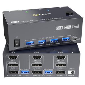 8K KVM Switch 3 Monitors 2 Computers 8K@60Hz 4K@144Hz,3 Monitors KVM Switch for 2 Computers Sharing Triple Monitors,Keyboard,Mouse,Printer with 2*USB3.0 Cables,Power Adapter and Controller