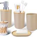 iMucci Bathroom Accessories Set 5Piece Beige Bathroom Sets, Toothbrush Holder, Toothbrush Cup, Lotion Soap Dispenser, Soap Dish and Qtip Holder Bathroom Decor
