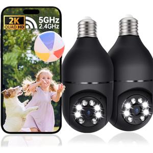 2K Light Bulb Camera Outdoor, 2.4/5GHz Wi-Fi 6 Security Cameras Wireless Outdoor, 360 PTZ Cameras for Home Security with Color Night Vision, AI Human Detection, 2 Way Talk, Easy Installation,2 Packs Black