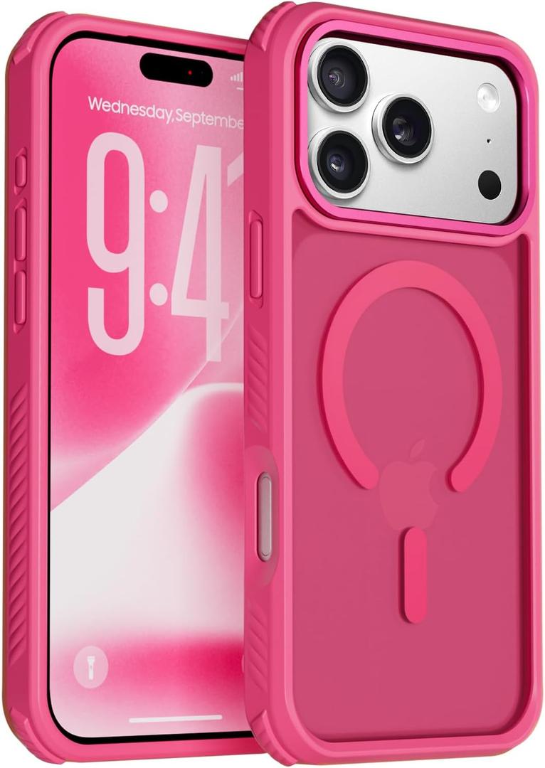 Magnetic for iPhone 17 Pro Max Case, [Compatible with Magsafe] [Military-Grade Protection] [Translucent Matte] Anti-Scratch Back, Non-Slip, Shockproof Protective Phone Cover 6.9", Hot Pink