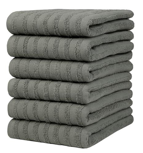 Premium Kitchen Towels, Solid Hand Towels (20”x 28”, 6 Pack) Highly Absorbent with Hanging Loop Anthracite