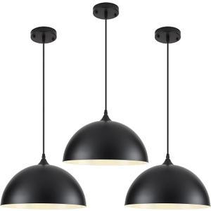 Black Pendant Lights Kitchen Island 3 Packs, 14 Inch Large Dome Pendant Light, Black and White Farmhouse Pendant Light, Island Pendant Lights for Kitchen, Dining Room, Cafe