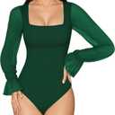 MANGOPOP Square Neck Long Sleeve Short Sleeve Bodysuit for Women Mesh Ruffle Sleeves Going Out Tops (Medium, 04 Long Sleeve Deep Green)