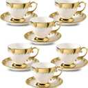 LETAOTAO Tea Cups and Saucers Set of 6, 7 oz Ceramic Turkish Coffee Cup With Gold Trim for Cappuccino, Latte, Mocha, Au Lait, Double Espresso, White