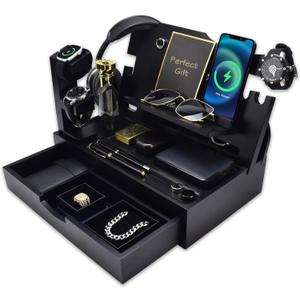 Nightstand Organizer for Men with Large Drawer, Wood Phone Docking Station for Phone, Apple Watch, Wallet & Keys, Ideal Birthday Gift for Father Husband, Bedside Desk Organizer (Black)