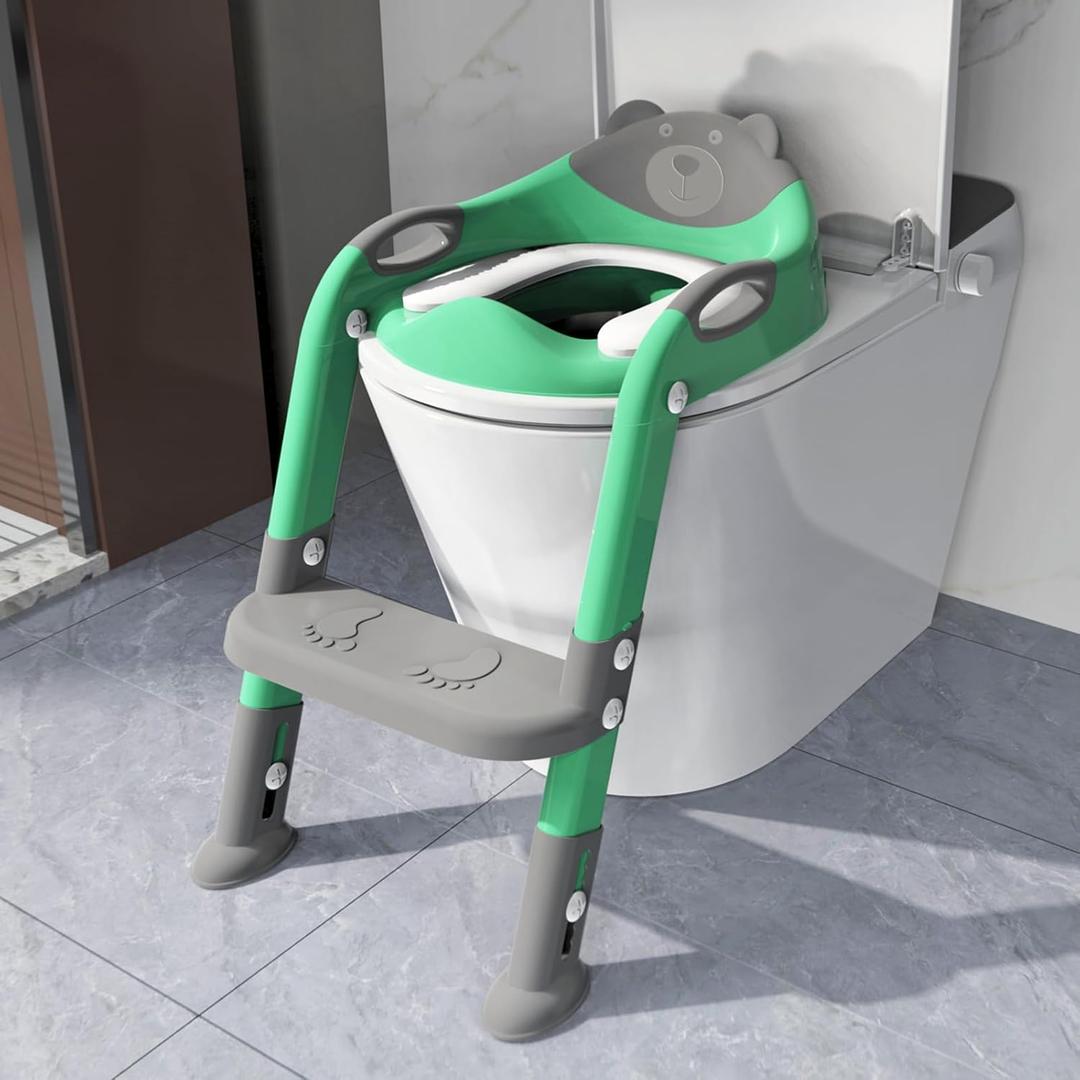 Potty Training Seat SKYROKU Potty Training Toilet with Step Stool Ladder, for Kids Boys Girls Toddlers - Comfortable Safe Potty Seat with Anti-Slip Pads Ladder (8838-GreyGreen)