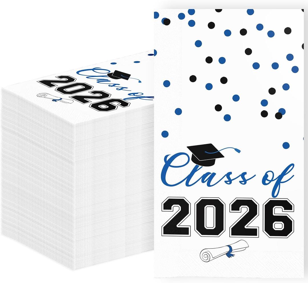 2026 Graduation Disposable Paper Napkins, Guest Dinner Hand Towels for College School Grad Class Congrats Celebration, Cocktail Party Decorations (80, Blue & Black)