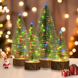 4 PCS Mini Christmas Trees, 4 Sizes Artificial Christmas Trees with 2 Modes LED String Lights Timer, Bottle Brush Trees Battery Powered Tabletop Tree Decoration (Multicolor)