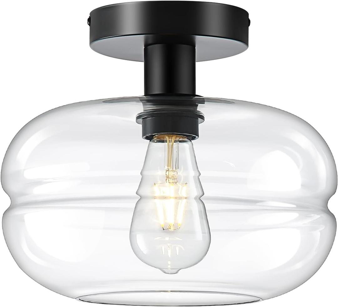 PurtekInfi Semi Flush Mount Ceiling Light Fixture, 10-1/2 Inch Clear Glass Shade, Black Modern Vintage 1-Light E26 Socket Ceiling Light for Hallway Entryway Kitchen Sink Bedroom Bathroom