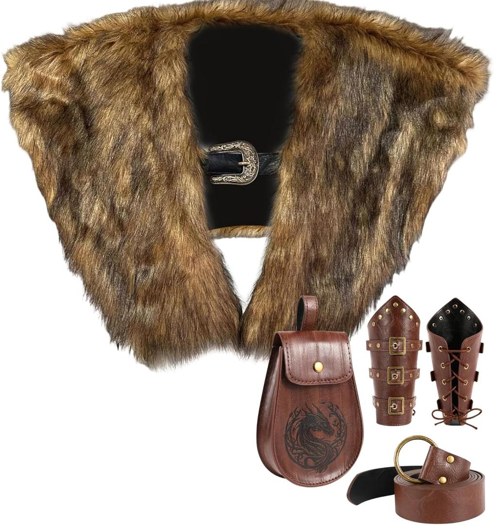 Adults Viking Costume Accessories 5 Pcs Men Medieval Cloak with Viking Faux Fur Shawl, Arm Guard Bracelets, Belt and Pouch for Halloween Larp Carnival TV Movies
