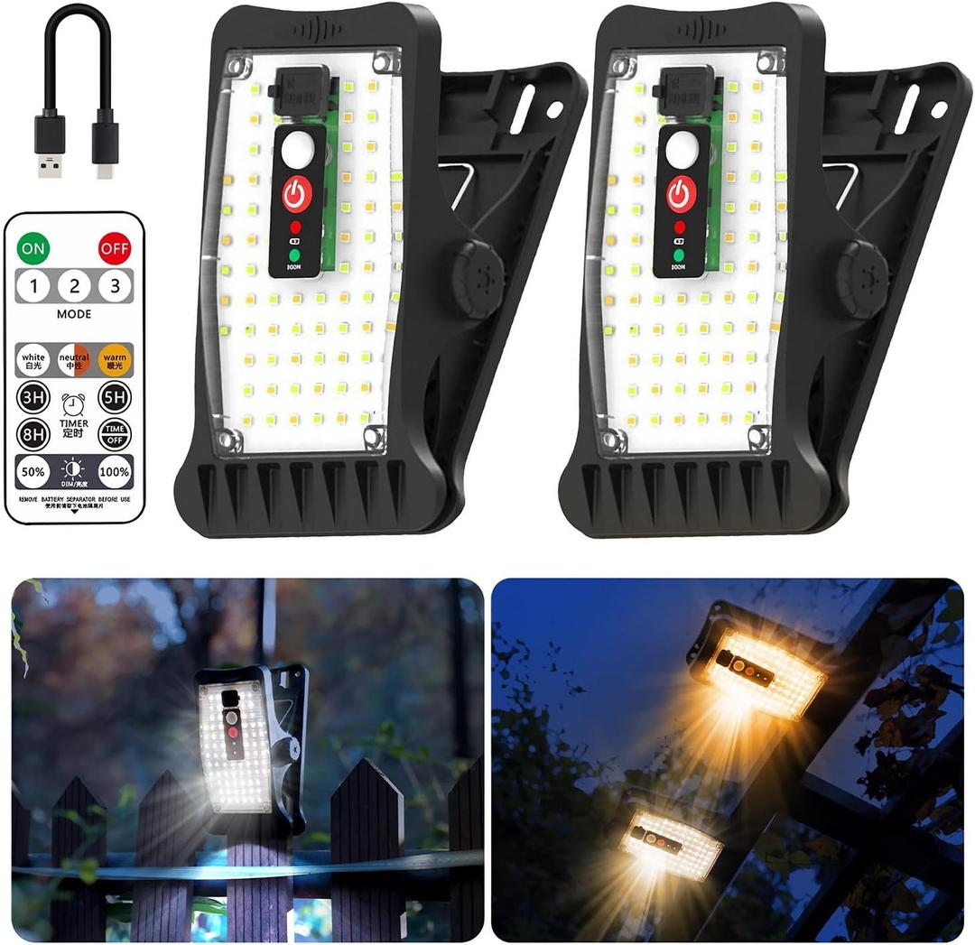 Clip On Solar Motion Lights Outdoor Waterproof, 800LM, 70 LED, 3 Color Temperature, USB & Remote Control, 2 Pack Portable Solar Powered Light Outside for Gutters Fence Garage Camping