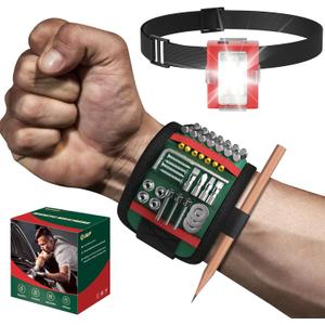 Magnetic Wristband, Tool Belt Wrist Band with LED Light, 15 Powerful Magnet, Adjustable Wrist Screws Holder, Stocking Stuffers for Men, Birthday Gifts for Dad, Him, Mechanics, Woodworker, Handyman (13x3.5 in)