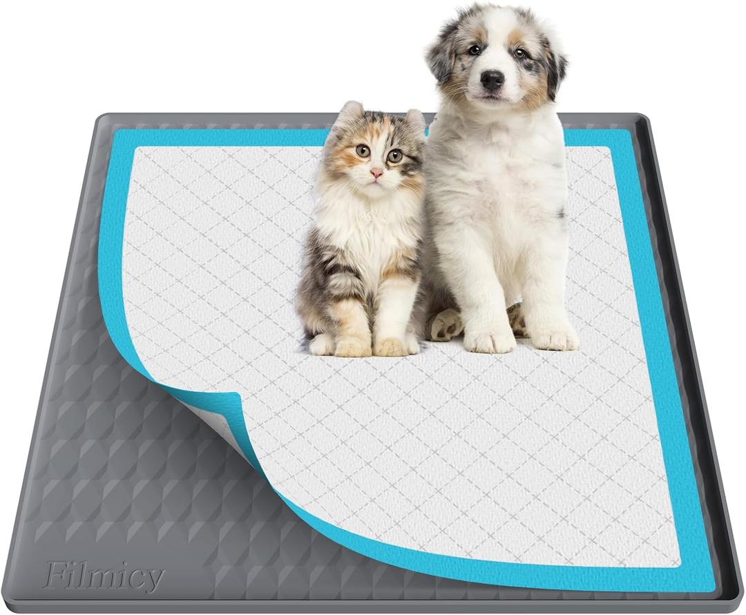 Dog Pee Pad Holder, Dog Potty Tray Silicone Puppy Pad Holder Tray Fits for 24" x 24" Training Pads, Puppy Potty Tray With 4 Clamps No Spill Raised Lip High Edge for Indoor Floor Protection (Dark Grey)