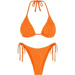 ZAFUL Bikini Sets for Women Halter Two Piece Swimsuit Ribbed High Cut Tie Side Thong Bathing Suit Sexy Padded Swimwear (Orange, M)