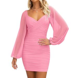 ZESICA Women's Sexy V Neck Ruched Bodycon Mini Dress Puff Long Sleeve Cocktail Wedding Party Short Dresses S