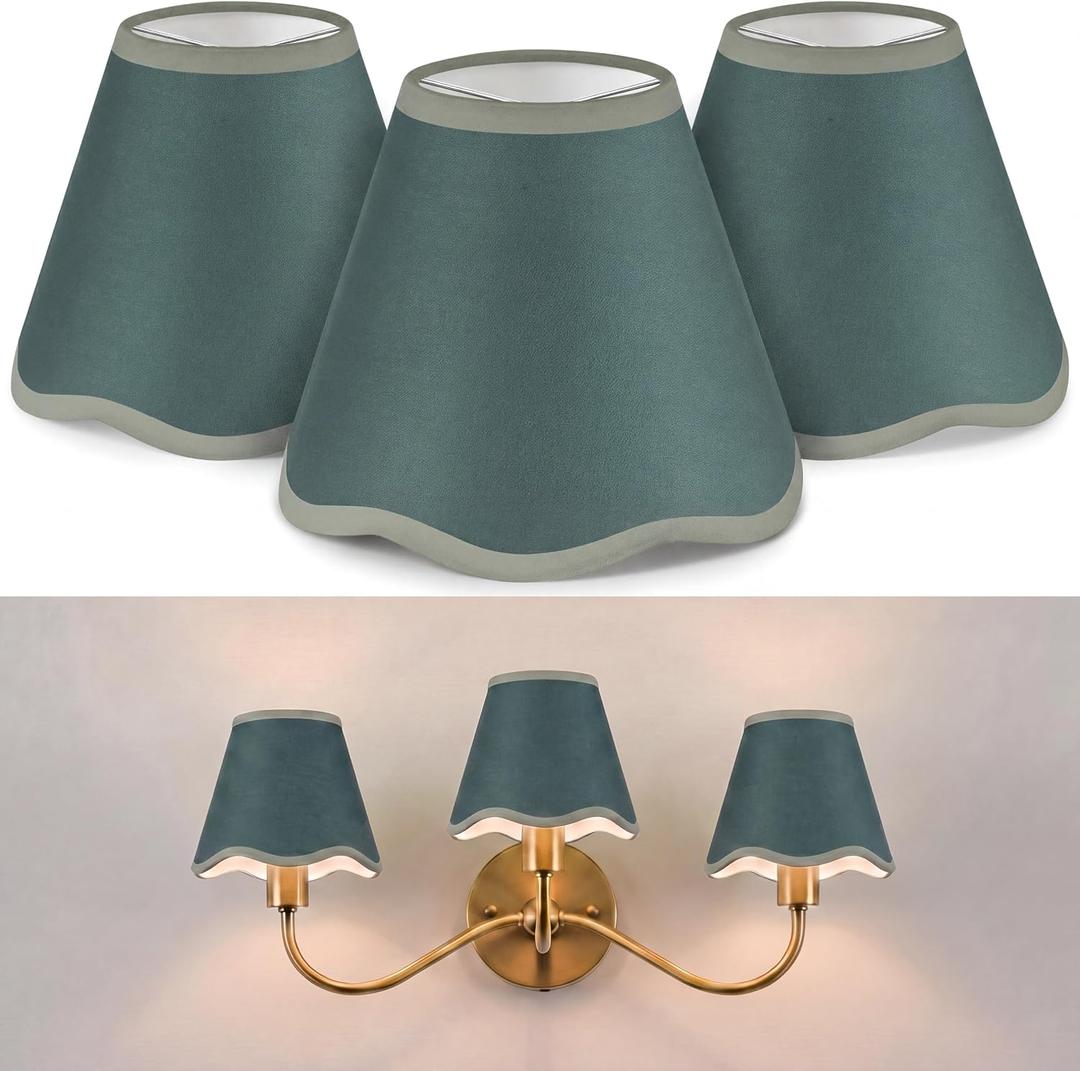 VIHOSE Set of 3 3" Top x 6" Bottom x 5"High Lamp Shade with Petal Edge, Fabric Scalloped Lampshade, for Floor Wall Table Lamps Living Room Bedroom Easy Assembly (Dark Green)