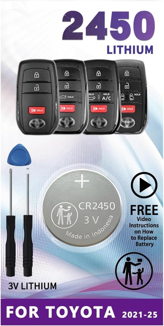 Key Fob Replacement Batteries for Toyota,CR2450 3V Lithium Batteries,for Sienna, Corolla Cross, RAV4 Prime, Venza, Prius, Tundra, Grand Highlander, Tacoma, Crown, Sequoia, bZ4x Smart Proximity Remote
