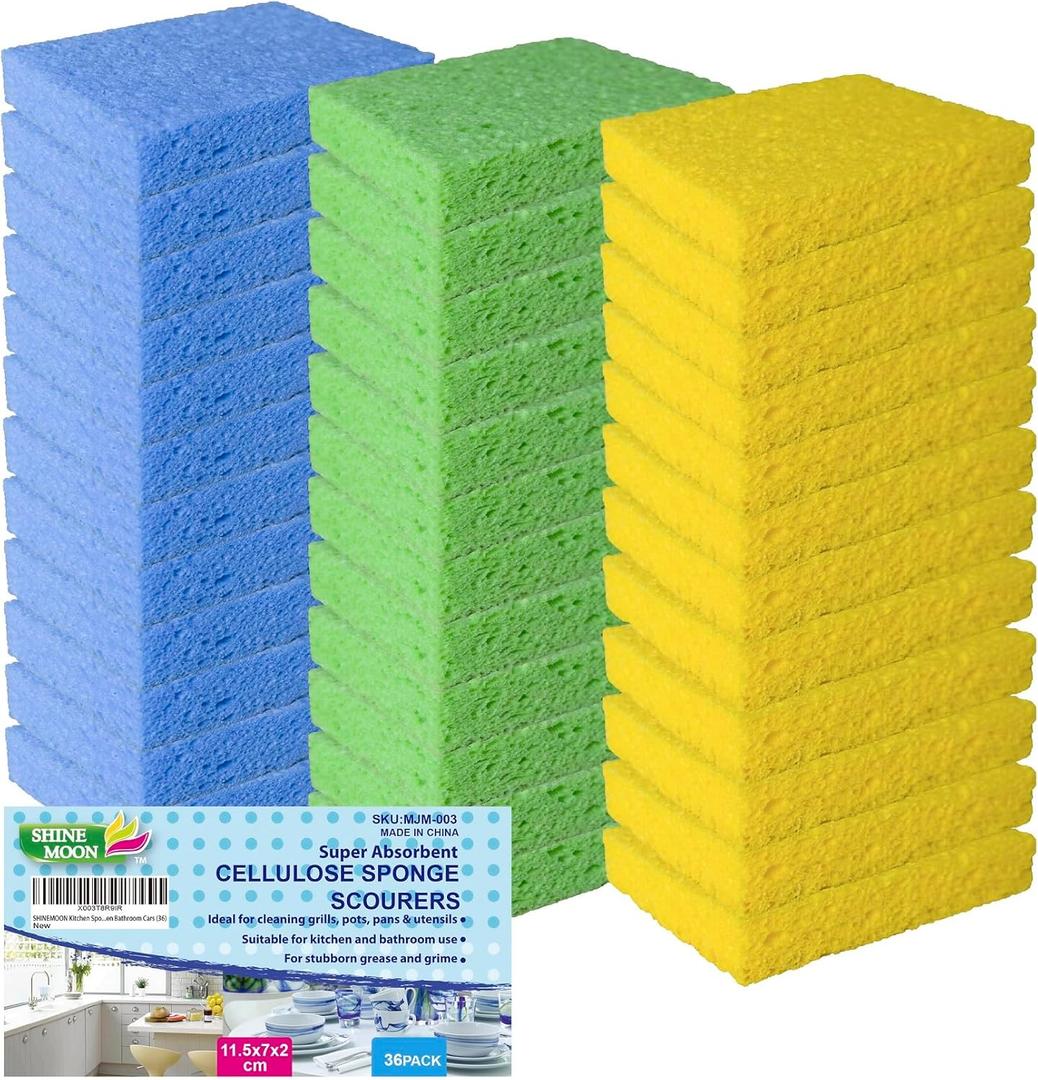 36 Pk Pop-Up Compressed Cellulose Sponges, Heavy Duty Scrub Kitchen Sponge, Clean Tough Messes Without Scratching Eco Friendly Reusable Compostable&Biodegradable 11.5x7x2cm