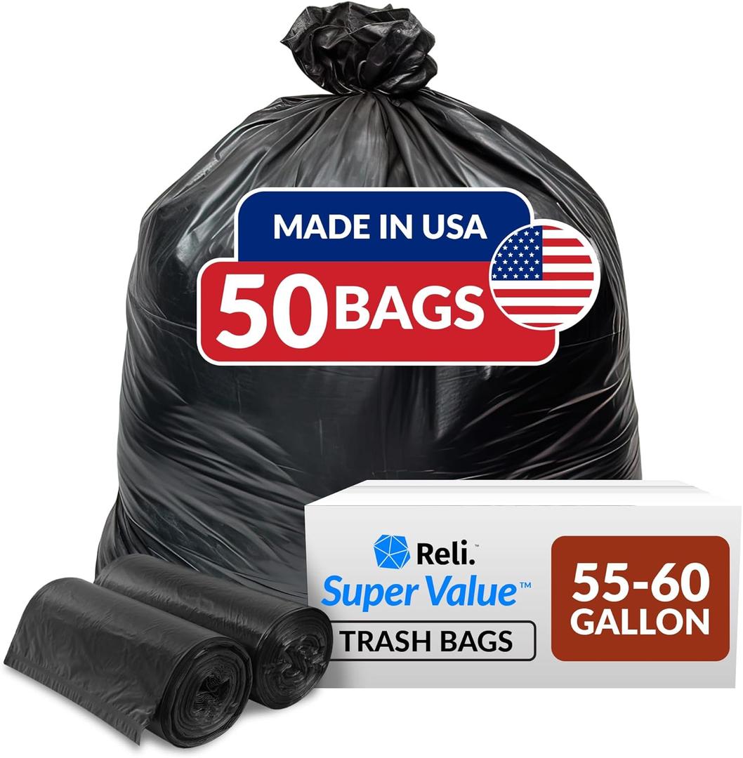 Reli. 55-60 Gallon Trash Bags Heavy Duty | 50 Bags | 50-60 Gallon | Large Black Garbage | Made in USA (1 Count (Pack of 50))